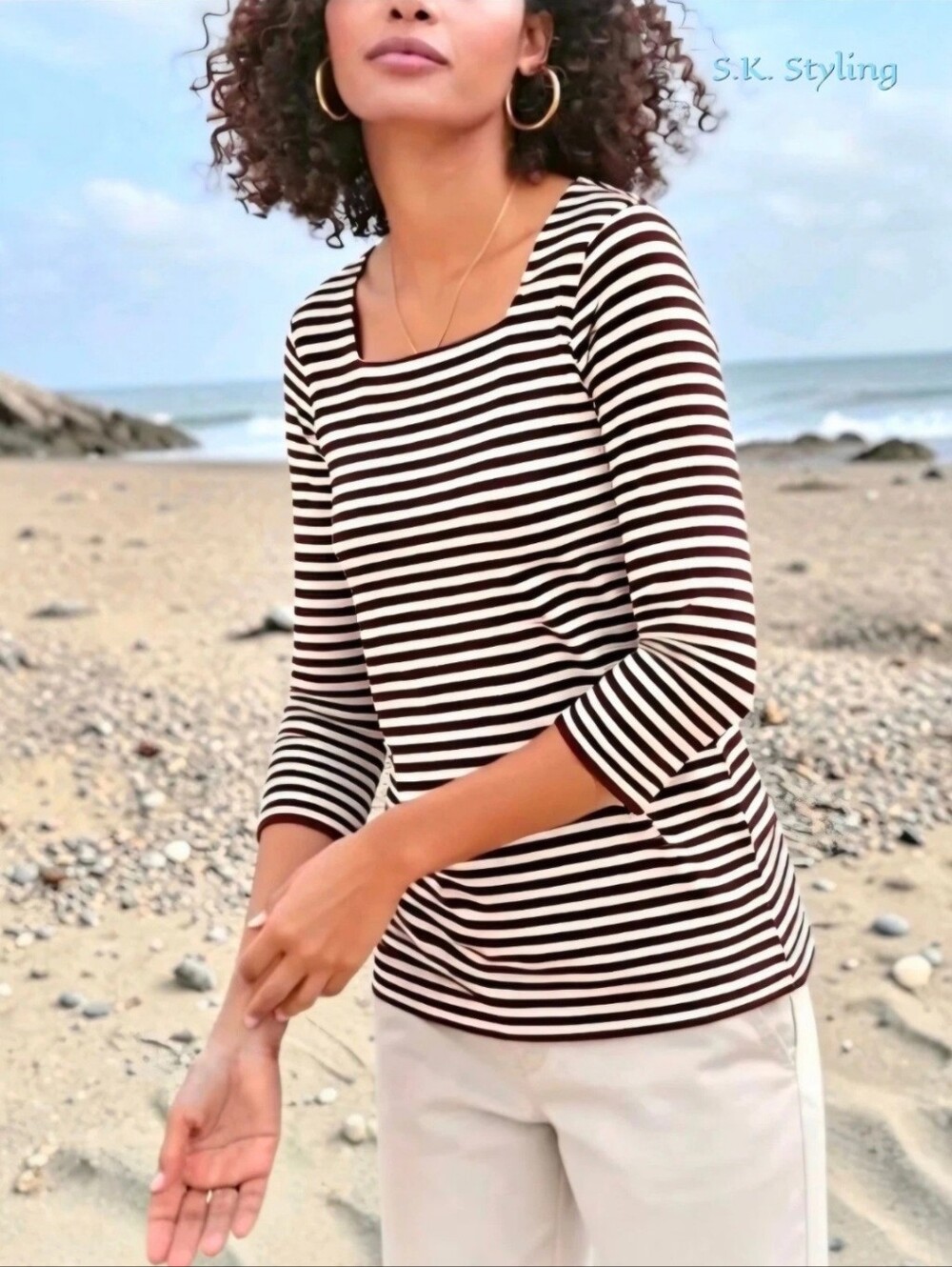 J. Jill Cotton Knit Top Square Neck Henna Stripe Button Detail Sleeve size L/XL